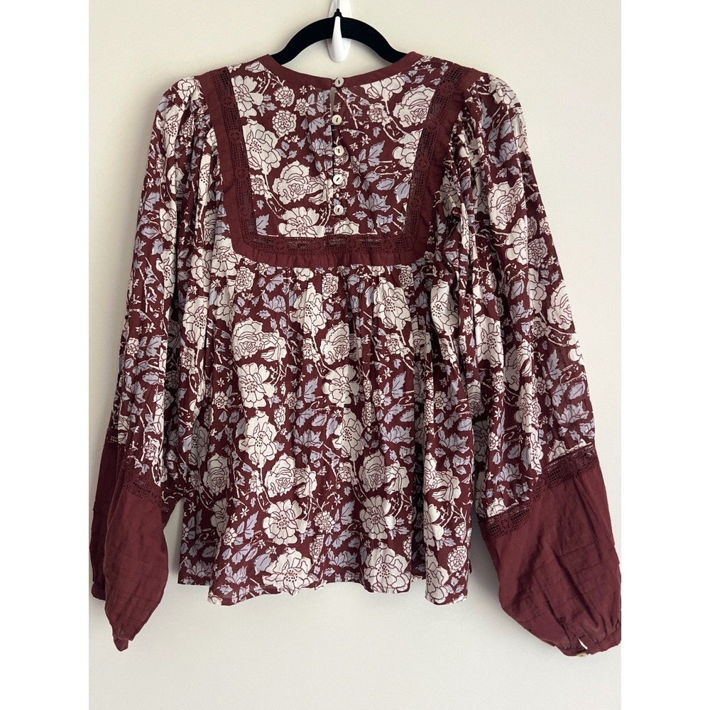 Cleobella Womens Floral Cotton Balloon Sleeve Lace Trim Blouse Burgundy Medium - Picture 3 of 5